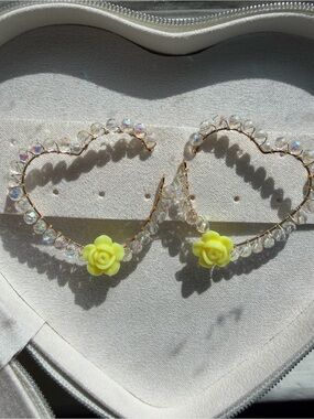 Handmade Heart Hoop Earrings - Crystal Beaded Yellow Rose - Valentine's Coquette